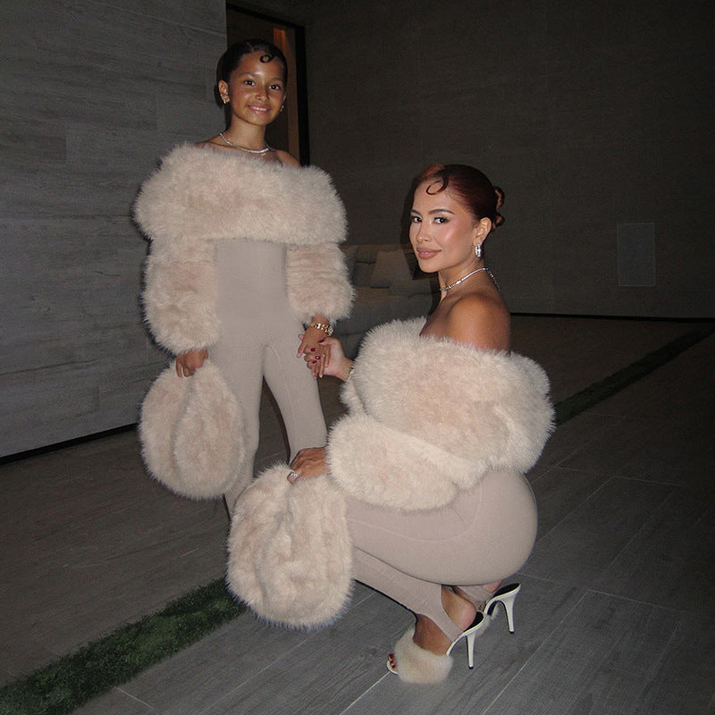 Autumn Winter Women Clothing Sexy Plush Stitching High Waist Slim Solid Color Jumpsuit