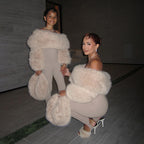 Autumn Winter Women Clothing Sexy Plush Stitching High Waist Slim Solid Color Jumpsuit