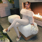 Autumn Winter Women Clothing Sexy Plush Stitching High Waist Slim Solid Color Jumpsuit