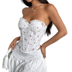 Womens Floral Lace Trim Underwire Fishbone Hollow-Out Lace-Up Tube Top