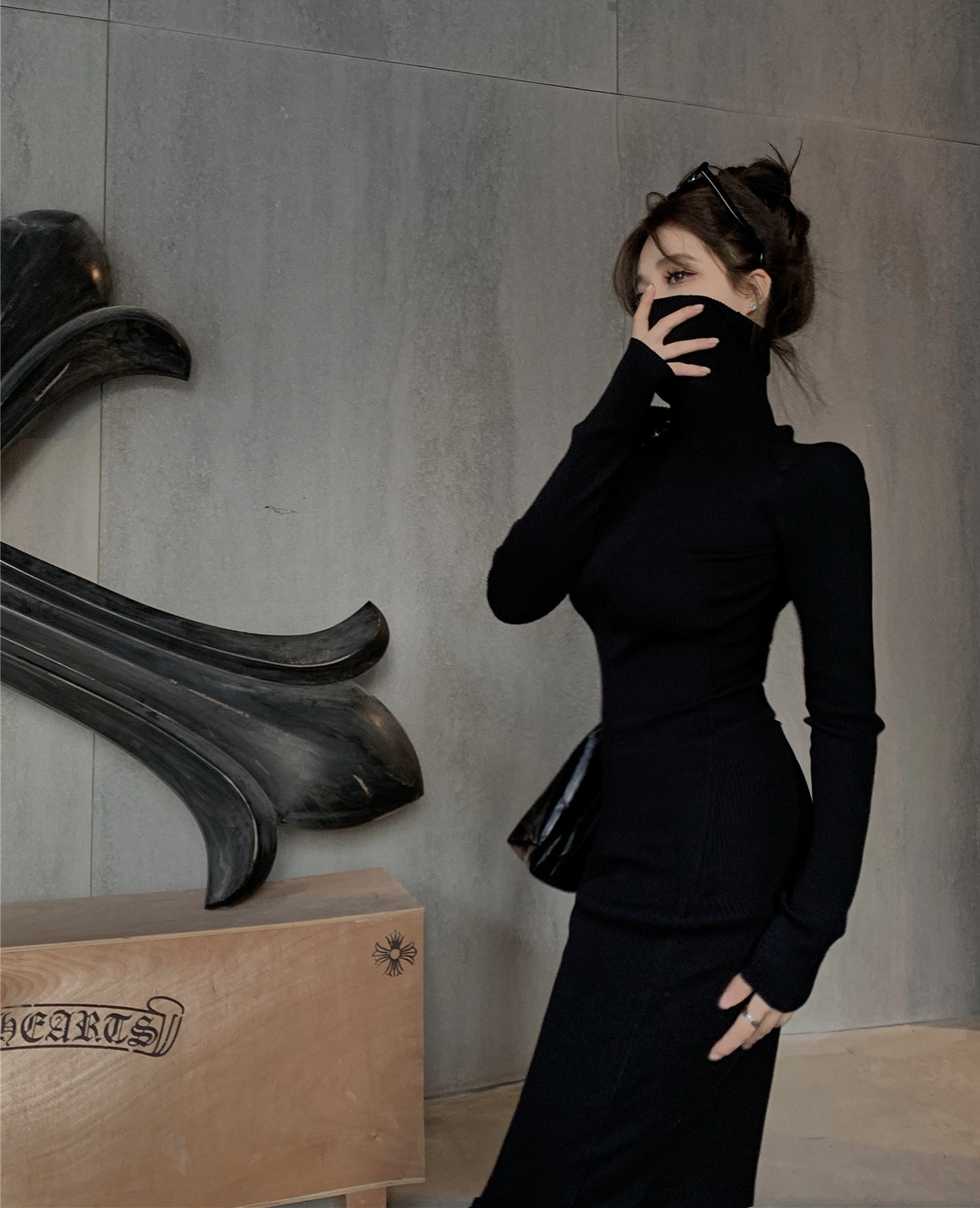 Womens Slim-Fit Knitted Turtleneck Maxi Dress