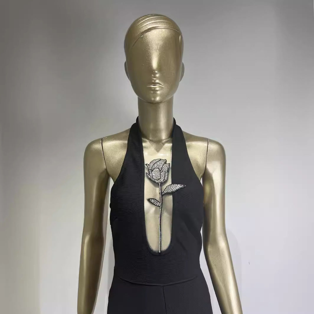 Halter Deep V Diamond Rose Tight Jumpsuit Party Dress