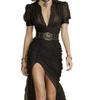 Womens Pleated Collar Button-front Short-sleeve Waist-length Dress Belt Not Included