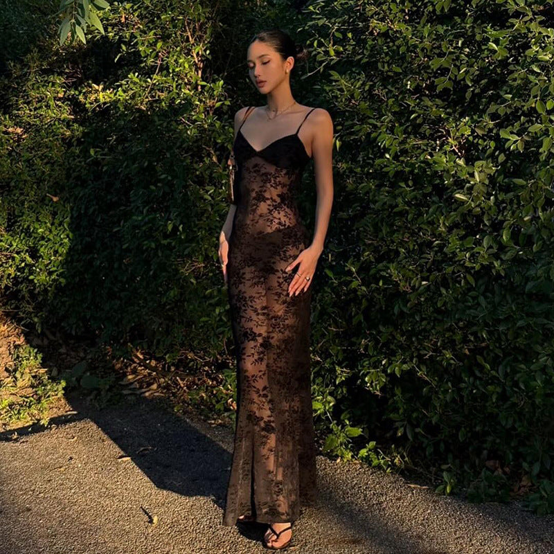 Women's Mesh Sexy See-through V-neck Backless Slim Fit Sling Dress