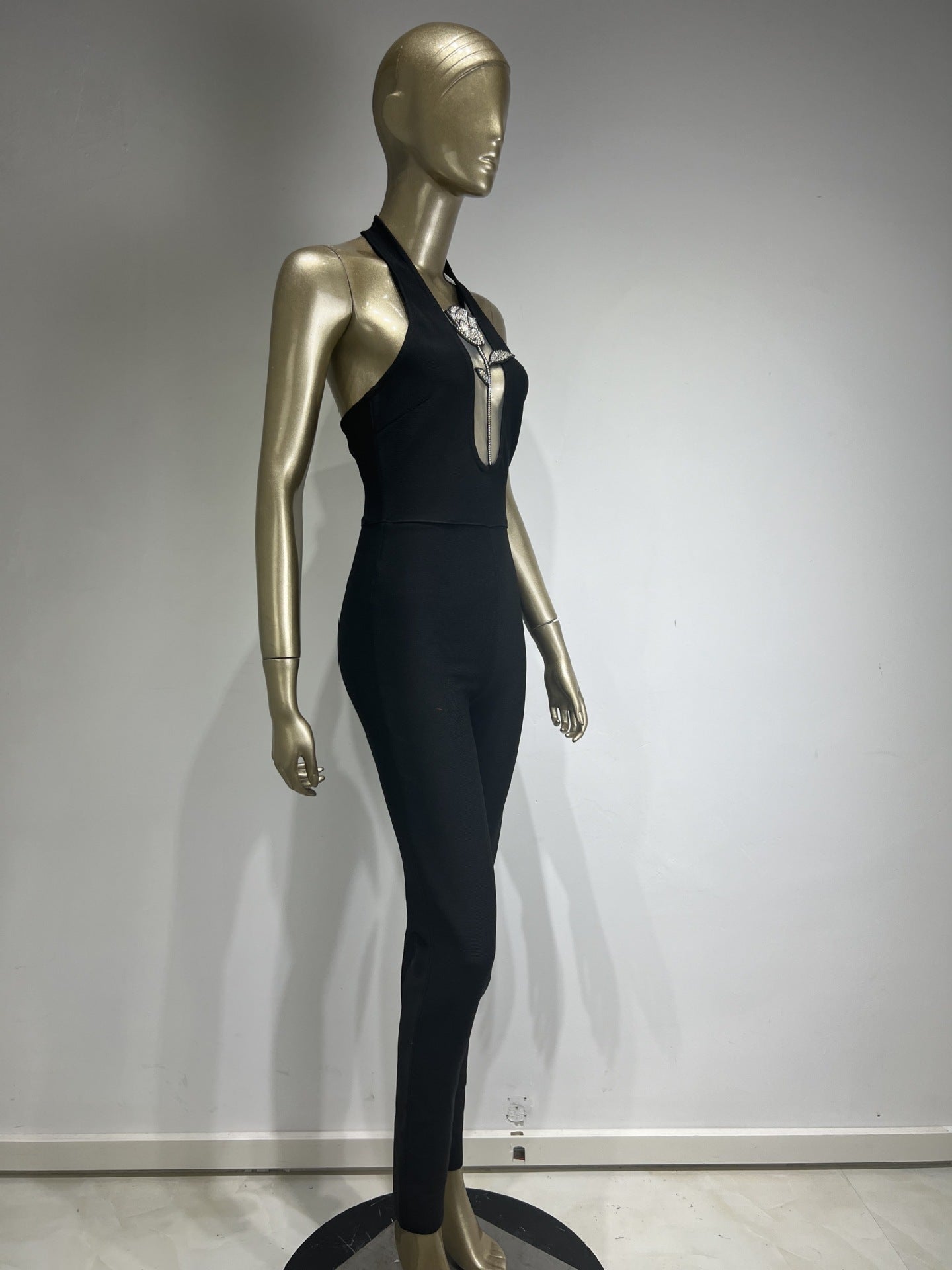 Halter Deep V Diamond Rose Tight Jumpsuit Party Dress
