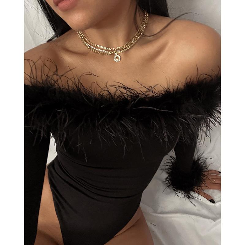 Canadian-style Form-fitting Furry Off-shoulder Long-sleeve Jumpsuit For Outerwear