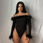 Canadian-style Form-fitting Furry Off-shoulder Long-sleeve Jumpsuit For Outerwear