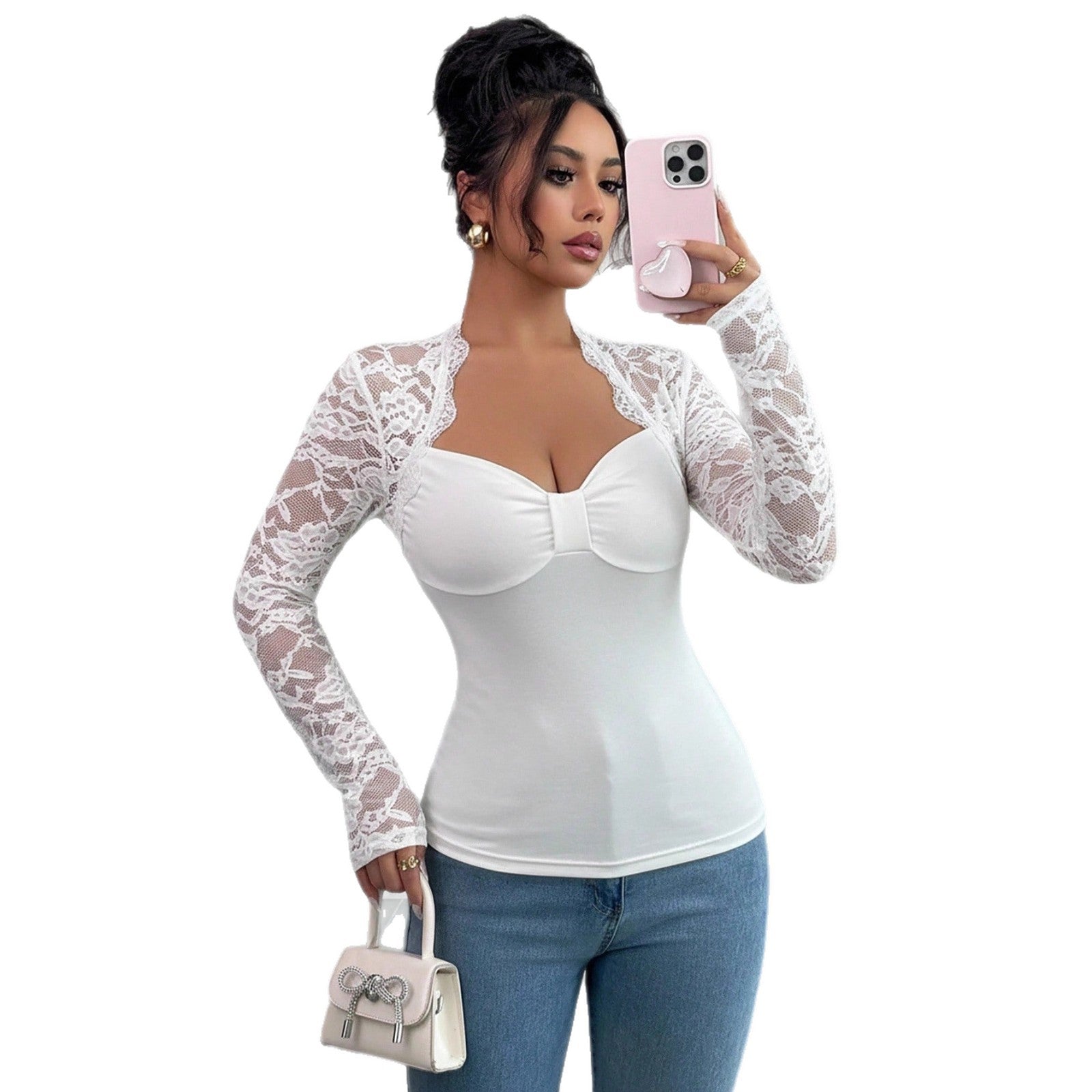 Womens Solid-Color Lace-Panel Knitted Long-Sleeve Slim-Fit T-Shirt