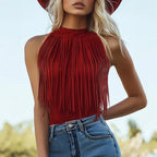Red Tassel Halter Sleeveless Womens Tank Top