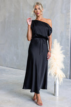 Slant Shoulder Solid Color Lace Up Dress