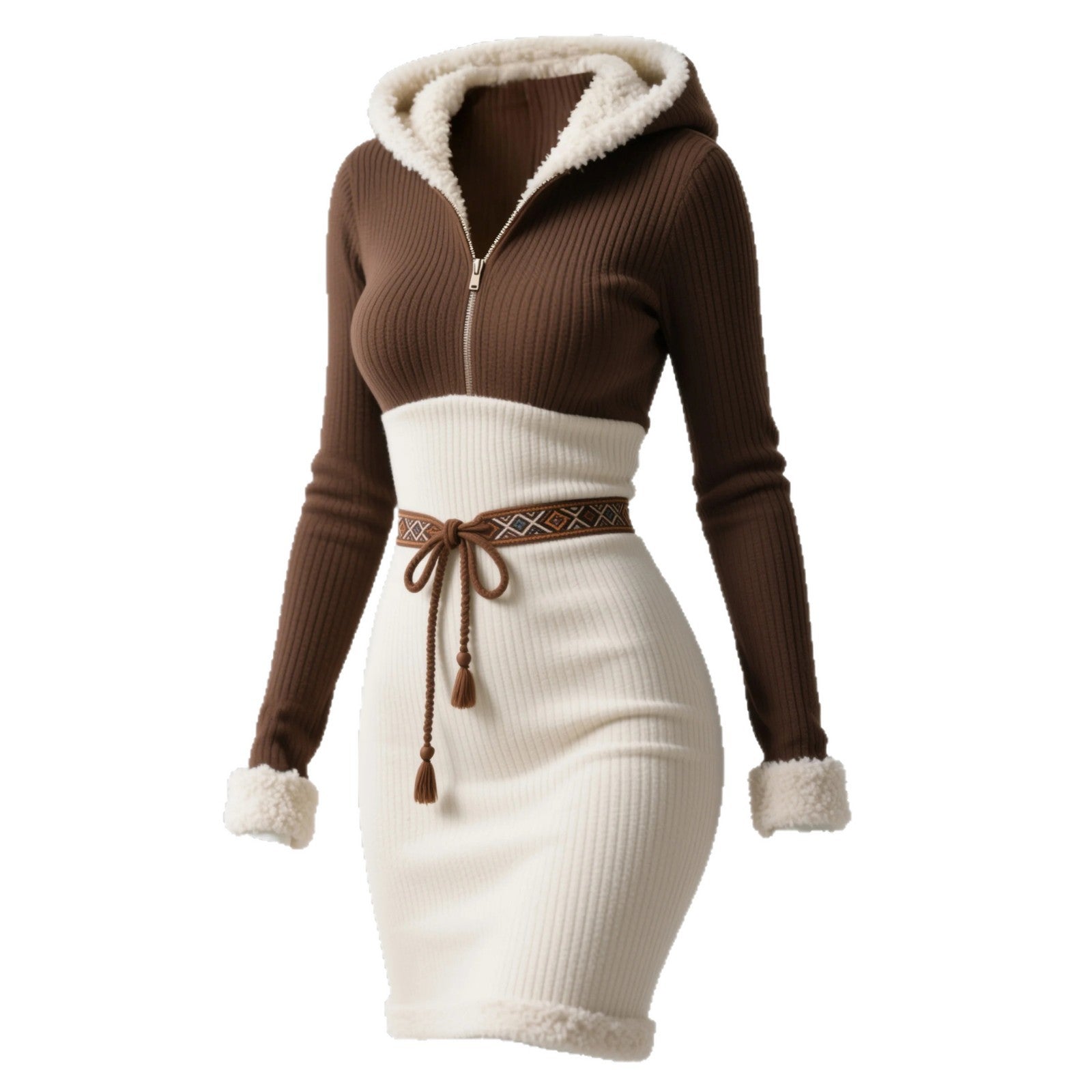 Retro Contrasting Colors Ethnic-Style Half-Zip Hooded Slim-Fit Dress