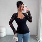 Womens Solid-Color Lace-Panel Knitted Long-Sleeve Slim-Fit T-Shirt
