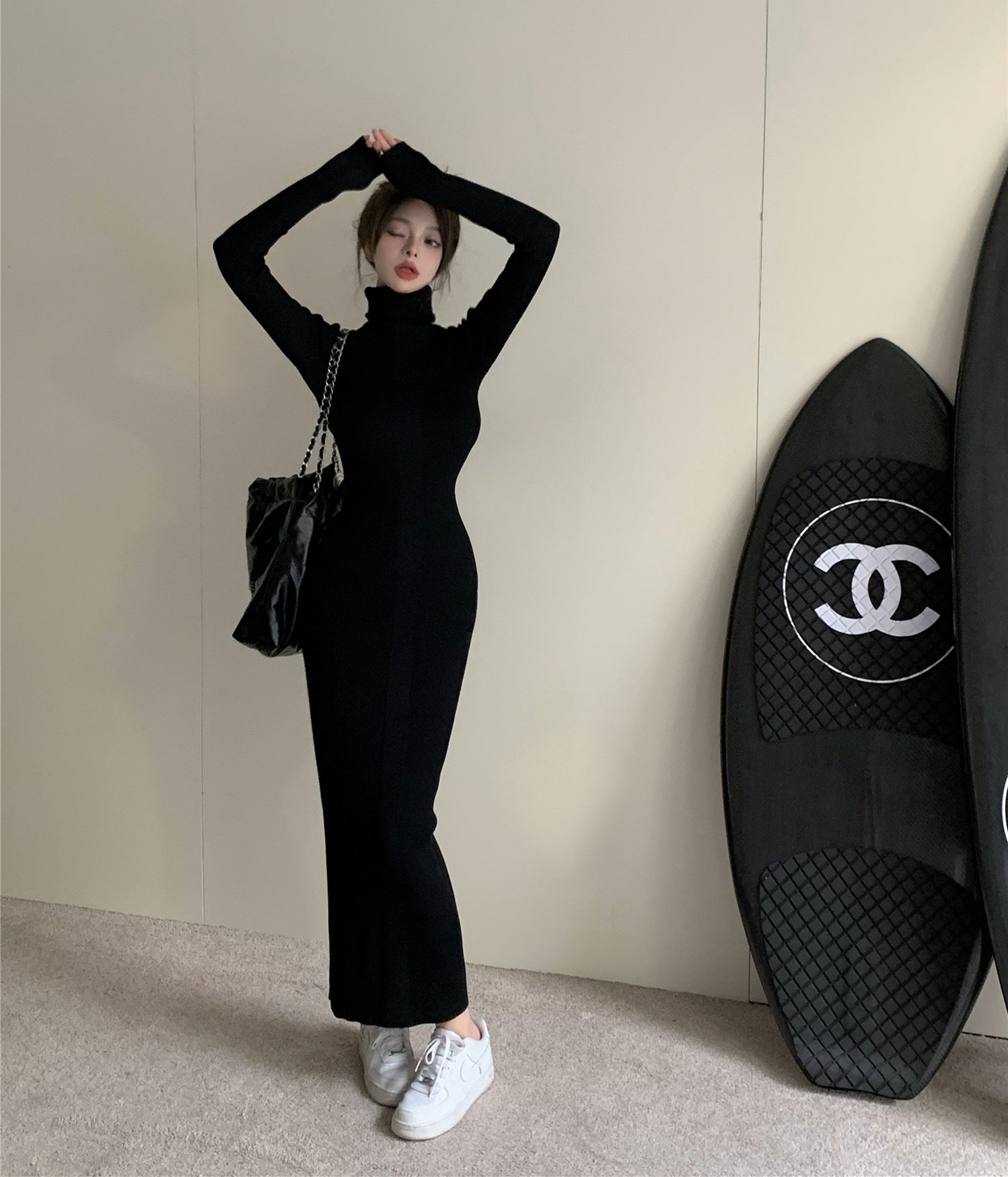 Womens Slim-Fit Knitted Turtleneck Maxi Dress