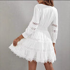 Women's Hollowedout Vneck Lanternsleeve Lacetrimmed Slimfit Dress
