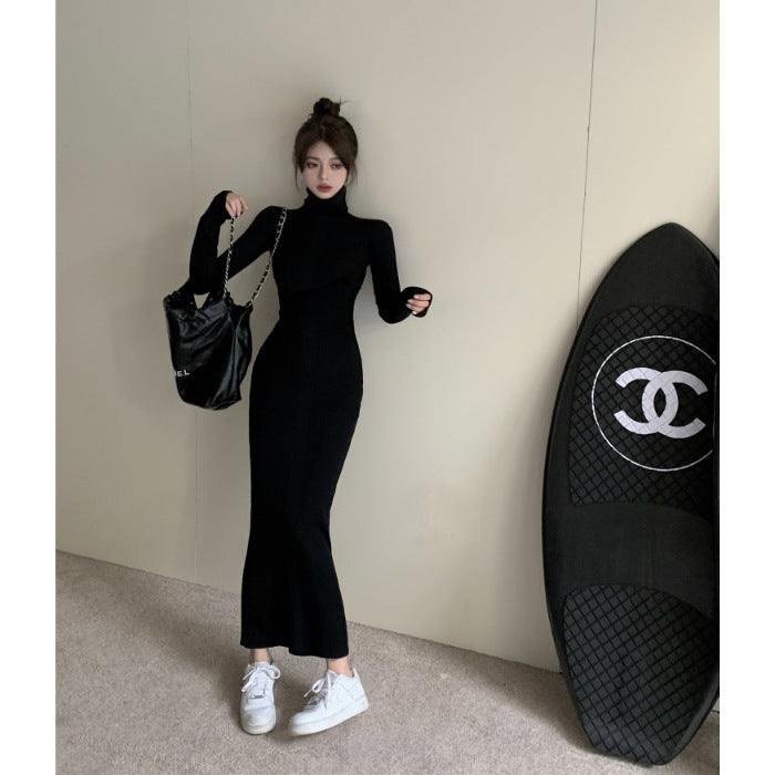 Womens Slim-Fit Knitted Turtleneck Maxi Dress