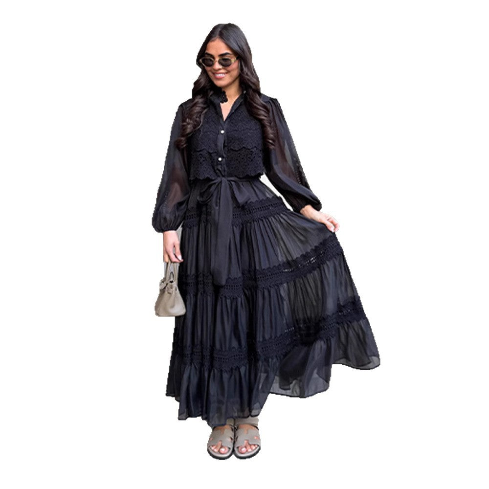 Long-sleeve Hollow-out Mesh Patchwork Dress With Lantern Sleeves