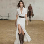 Womens Pleated Collar Button-front Short-sleeve Waist-length Dress Belt Not Included