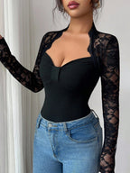 Womens Solid-Color Lace-Panel Knitted Long-Sleeve Slim-Fit T-Shirt