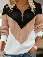 Casual Lapel Contrast-color Long-sleeve Knitted Zip-up Sweater