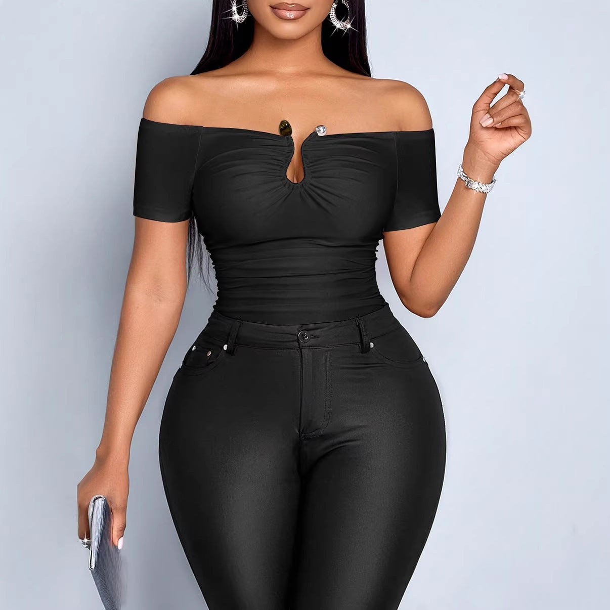 Womens Sexy Form-fitting Off-shoulder Short-sleeve T-shirt