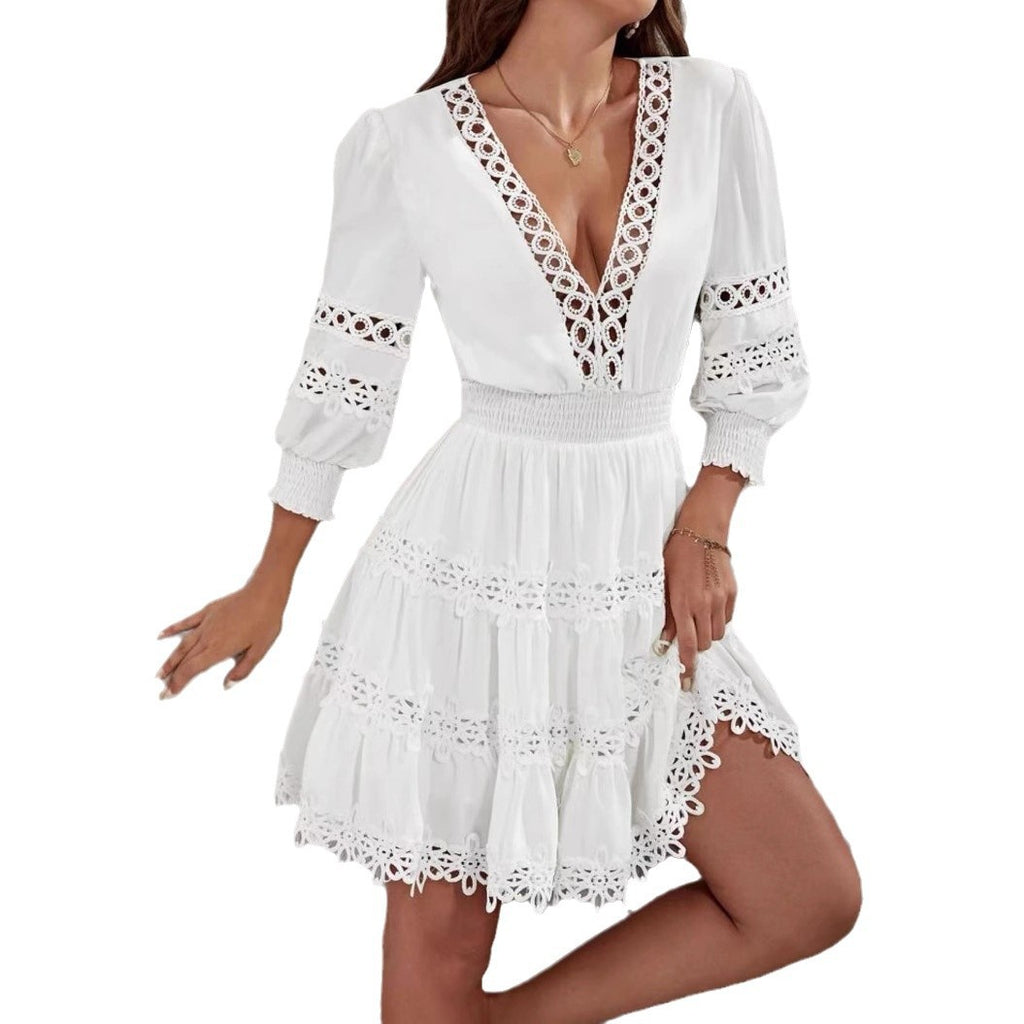 Women's Hollowedout Vneck Lanternsleeve Lacetrimmed Slimfit Dress