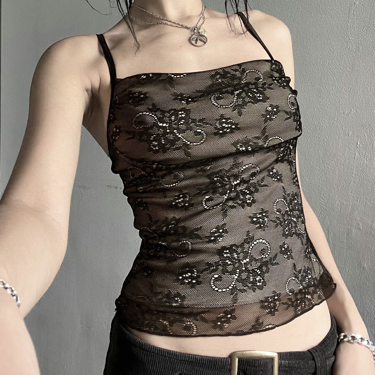 Printed Rhinestone Lace Camisole Top