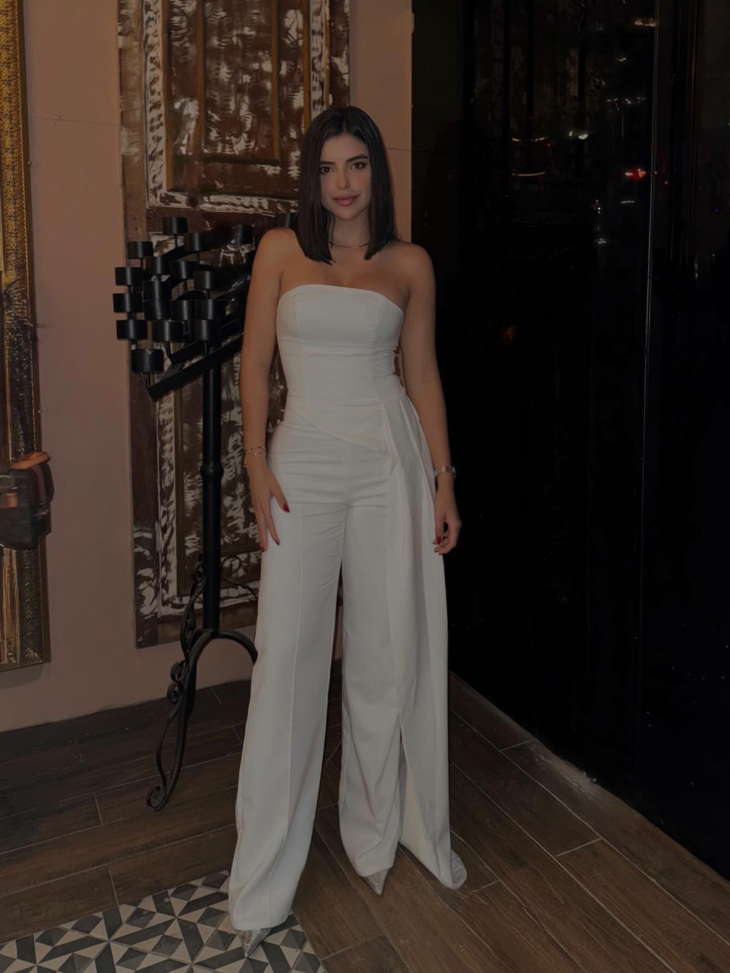 White Tube Top With Irregular Hem & High-waisted Pants Suit
