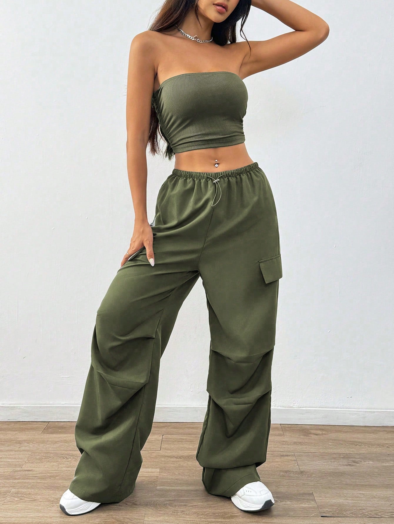 Womens Solid-Color Casual Tube Top And Overalls Two-Piece Set