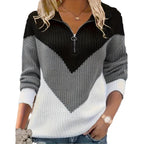 Casual Lapel Contrast-color Long-sleeve Knitted Zip-up Sweater
