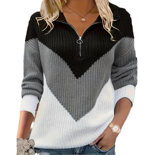 Casual Lapel Contrast-color Long-sleeve Knitted Zip-up Sweater