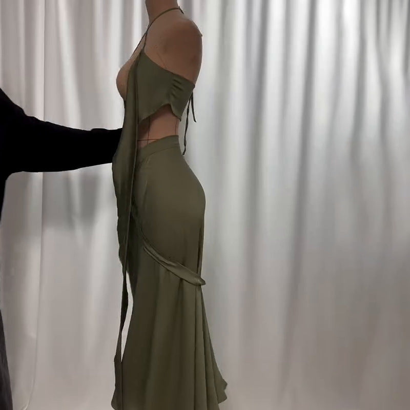 Tube-top Strap Vest And Waist-cinching Skirt Set