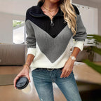 Casual Lapel Contrast-color Long-sleeve Knitted Zip-up Sweater