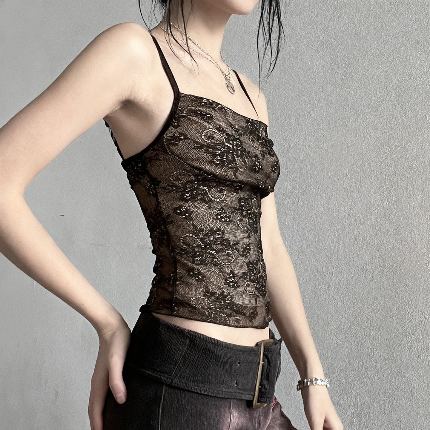 Printed Rhinestone Lace Camisole Top