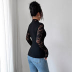 Womens Solid-Color Lace-Panel Knitted Long-Sleeve Slim-Fit T-Shirt