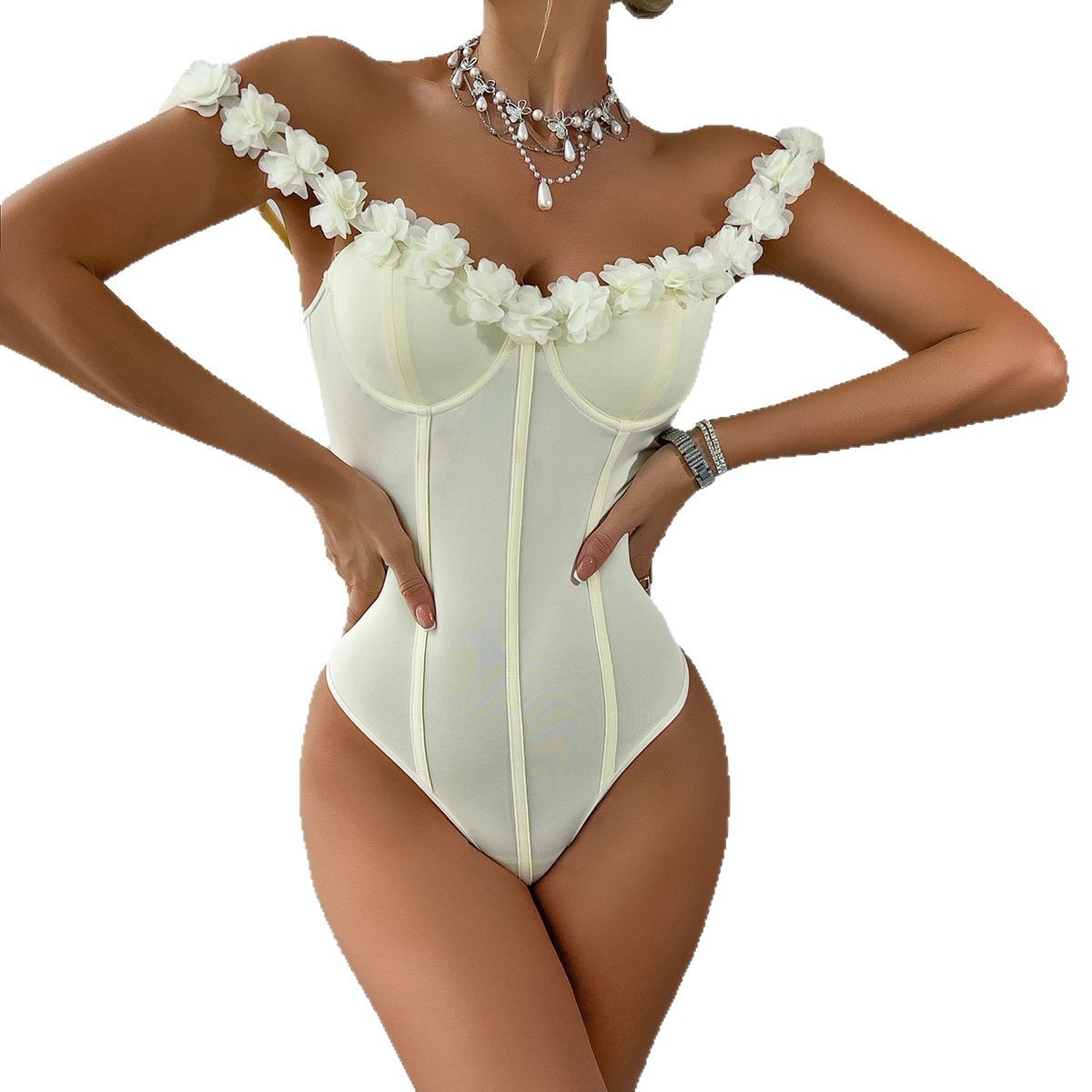 Three-dimensional Floral Off-shoulder Jumpsuit