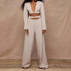 Womens Waist-revealing Straight-leg Pants And Long-sleeve Top Set