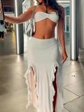 White Bandeau Top & Ruffled Slit Skirt Set