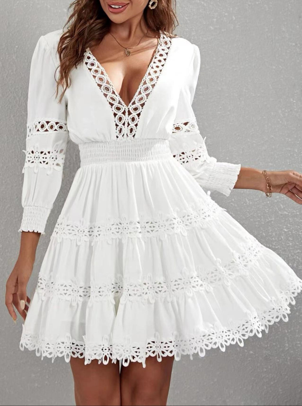 Women's Hollowedout Vneck Lanternsleeve Lacetrimmed Slimfit Dress