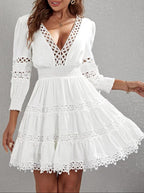 Women's Hollowedout Vneck Lanternsleeve Lacetrimmed Slimfit Dress
