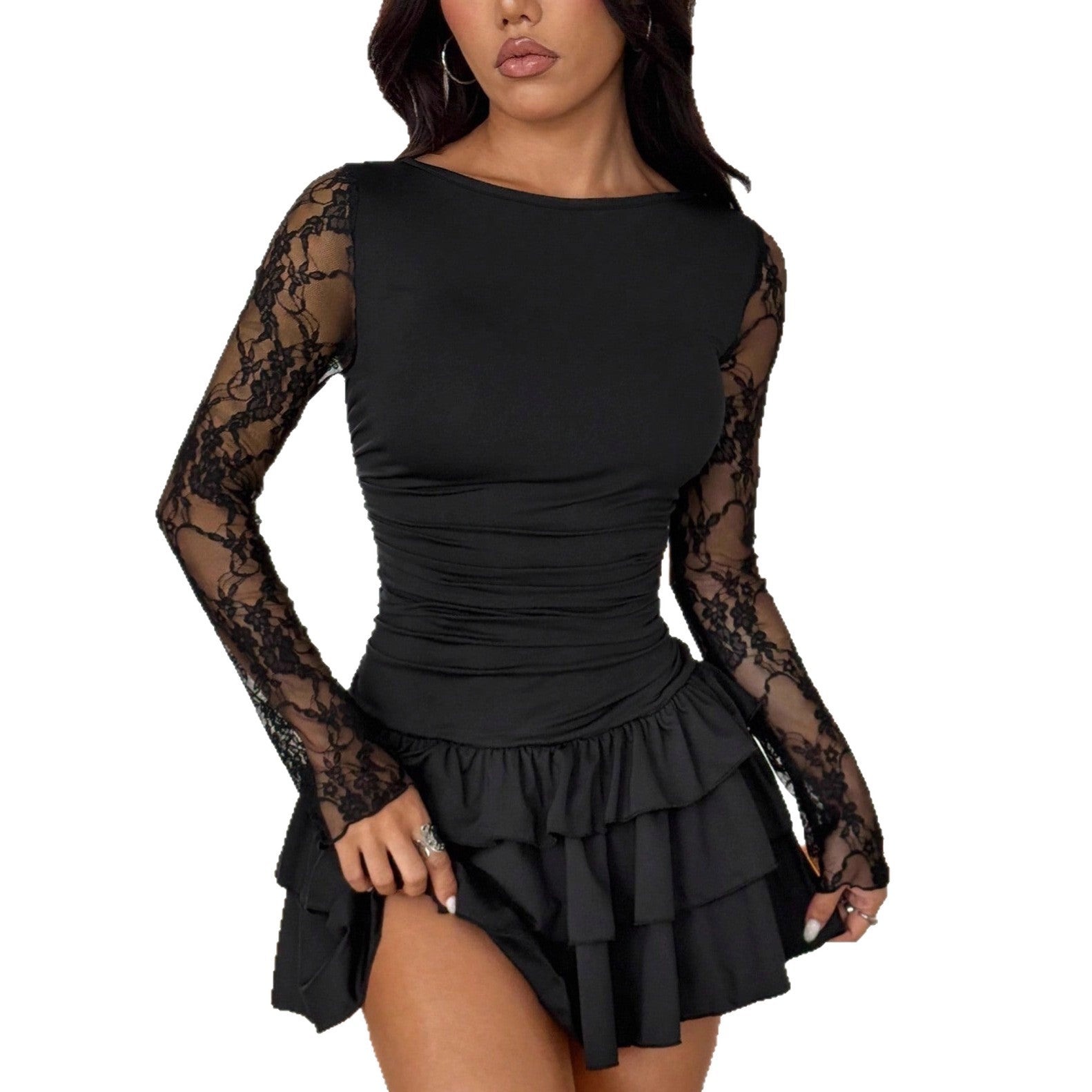 Womens Fashion Solid-Color Lace-Panel Long-Sleeve Dress