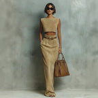 Fashionable Faux Suede Velour Set Vest And Pants