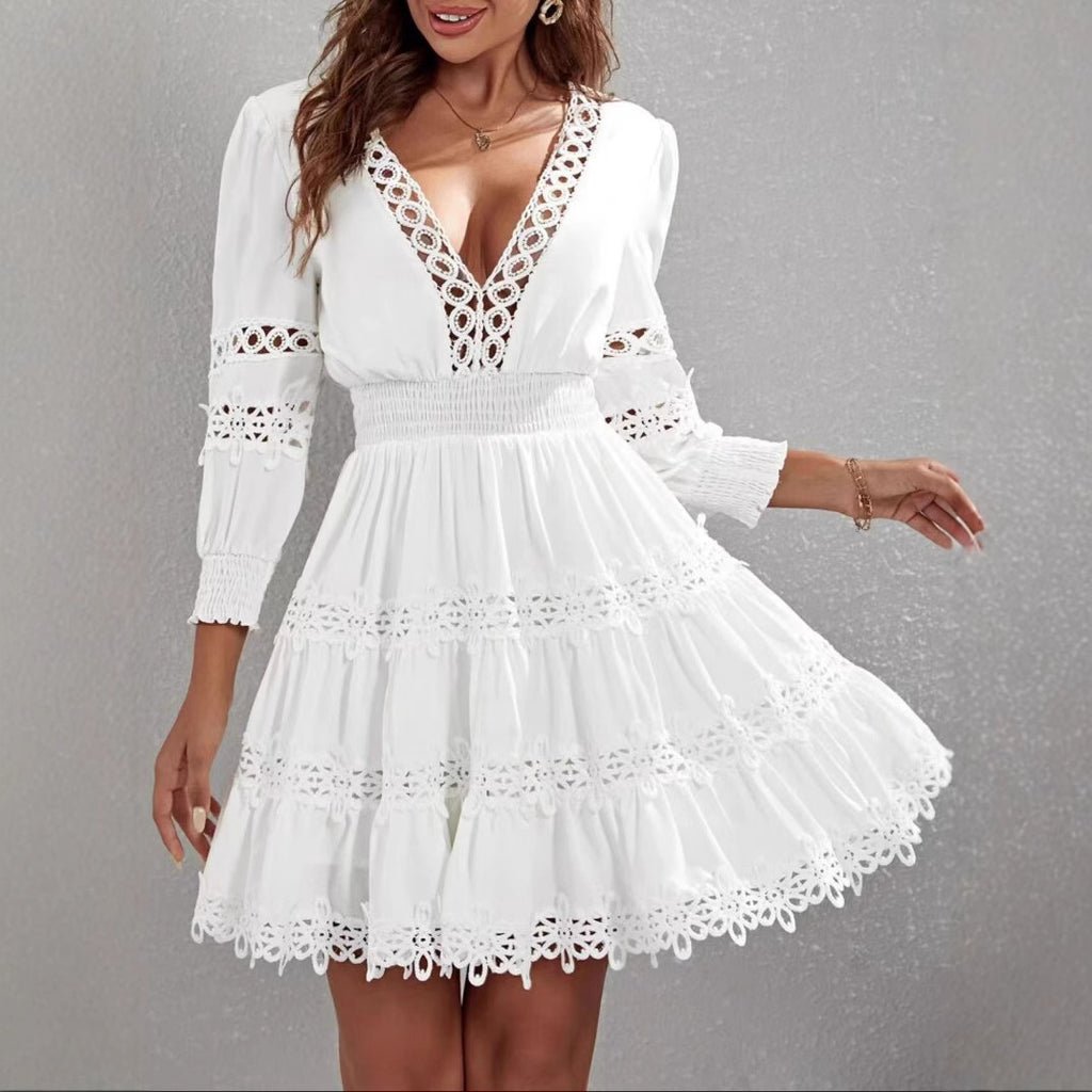 Women's Hollowedout Vneck Lanternsleeve Lacetrimmed Slimfit Dress